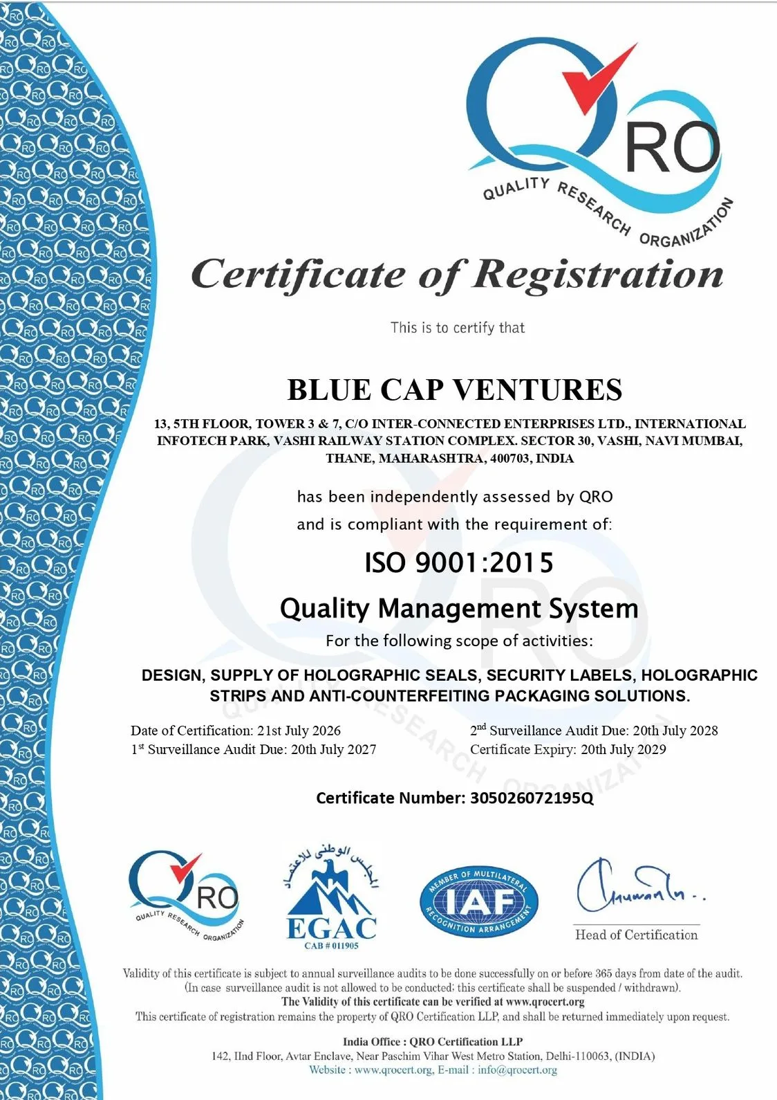 ISO 9001-2015 Certificate - Blue Cap Ventures