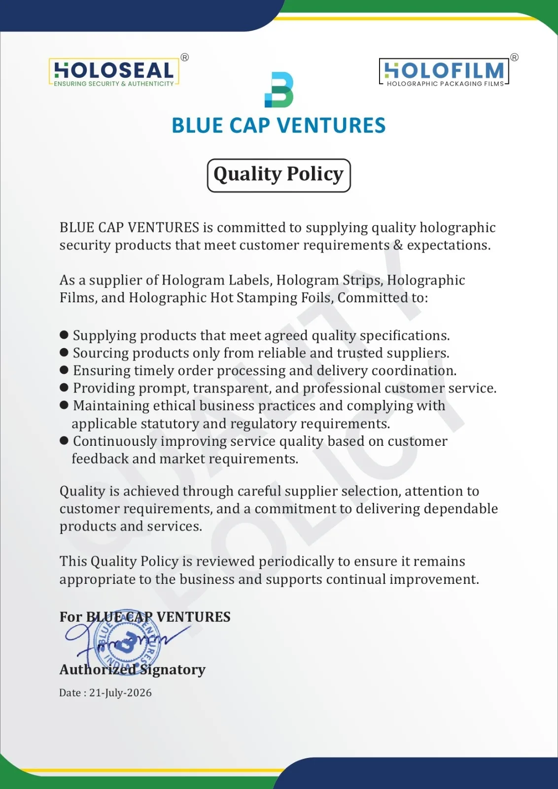 Quality Policy - Blue Cap Ventures